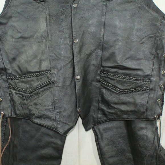 Hot Leathers Black Leather Snaps Soft Lining Braided Trim Biker Vest XXL - Picture 3 of 7